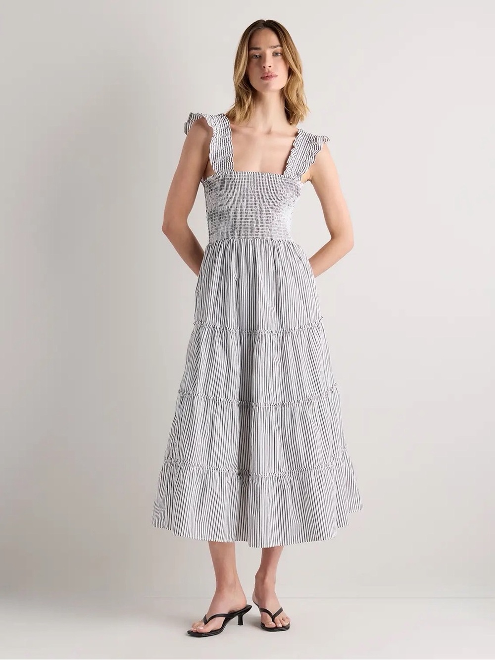 Quince 100% Organic Cotton Poplin Smocked Midi Dress in Azure Stripe Blue White - Picture 7 of 7